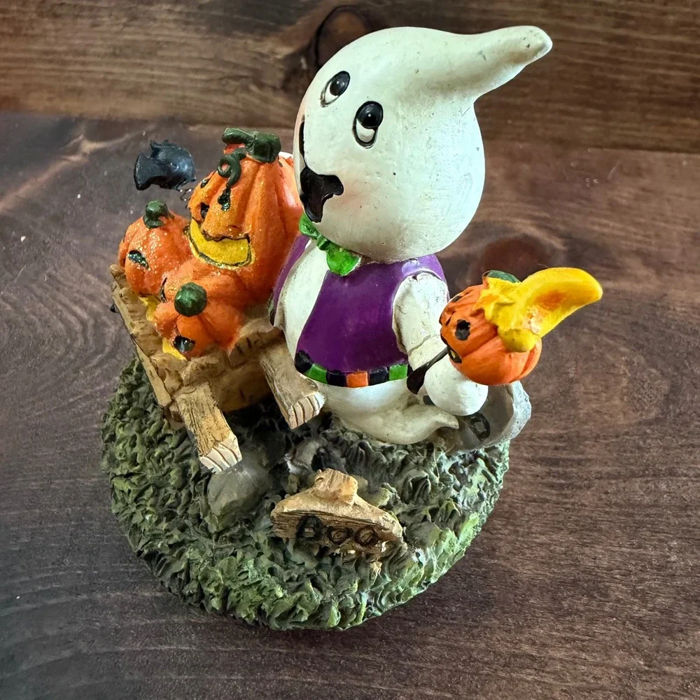 Halloween Ghost Figurine with Pumpkins and Bat Resin Decor Adorable Multi Color